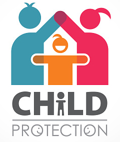 Vibrant vector logo depicting child protection - keep children safe. File includes vertical, horizontal and grayscale logo version. Logo is made from two adult persons male and female which are with hands creating a shape of a house above a small child icon in the middle.